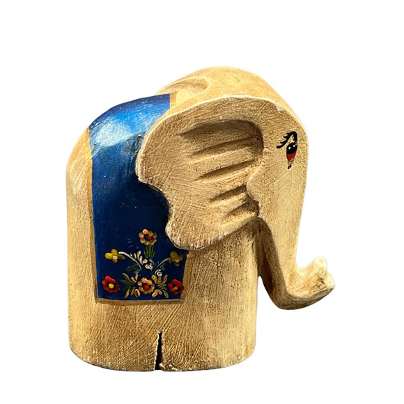 Handmade Accents Carved Wooden Elephant Figurine With Blue Floral